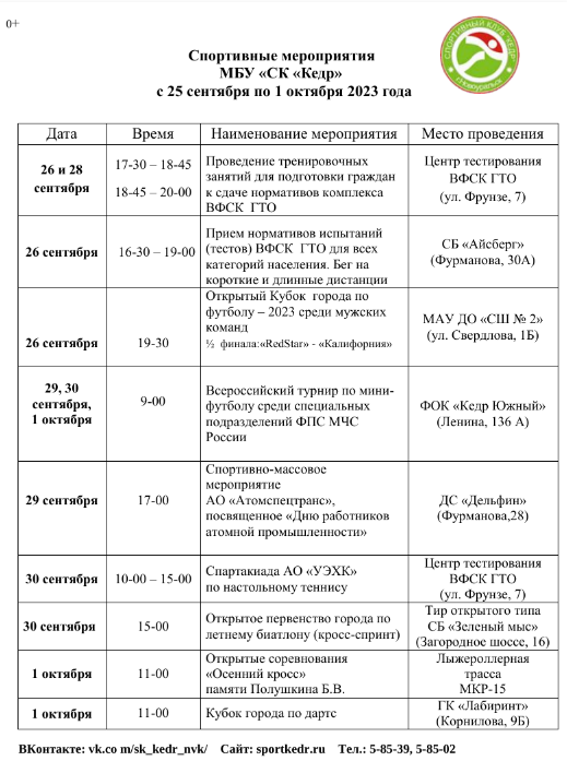 Спортивные мероприятия МБУ "СК "КЕДР" с 25 сентября по 1 октября 2023г.