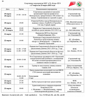  Спортивные мероприятия МБУ «СК «Кедр» НГО с 17 марта по 23 марта 2025 года