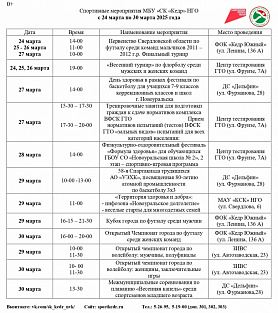 Спортивные мероприятия МБУ «СК «Кедр» город Новоуральск с 24 марта по 30 марта 2025 года