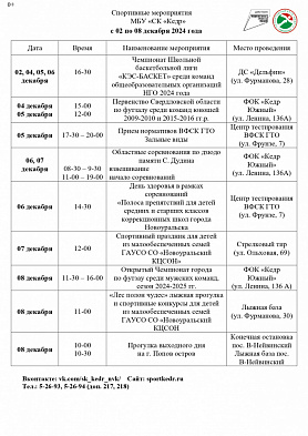 Спортивные мероприятия МБУ «СК «Кедр» в городе Новоуральск с 02 по 08 декабря 2024 года