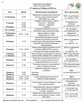 Спортивные мероприятия МБУ «СК «Кедр» в Новоуральске с 27 января по 02 февраля 2025 год